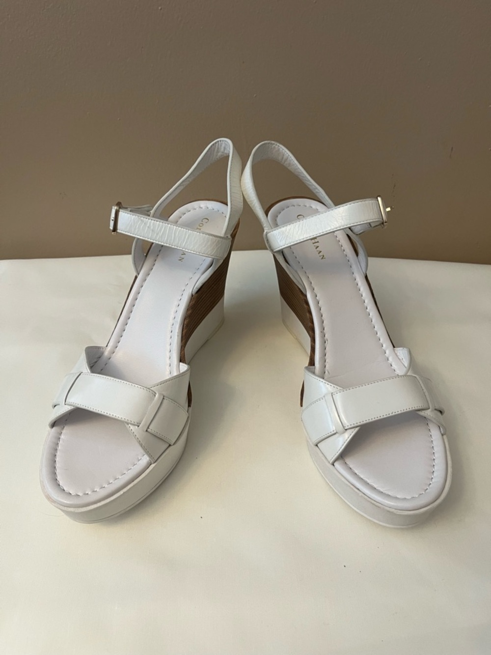 Cole Haan White Leather Wedge Sandals with Wood-Effect Heel